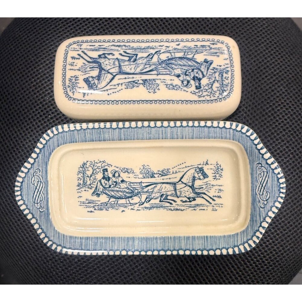 Currie & Ives-The Road Winter-Scene Blue & White Rectangular Covered Butter Dish